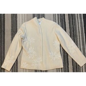 Vintage Talbots 100% Boiled Wool Jacket Sz S Ivory Floral‎ Embroidered Beaded